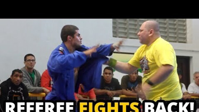 Idiot BJJ black belt attacks referee after evidently losing a match, and the ref curb stomps his ass. What do you think of this?