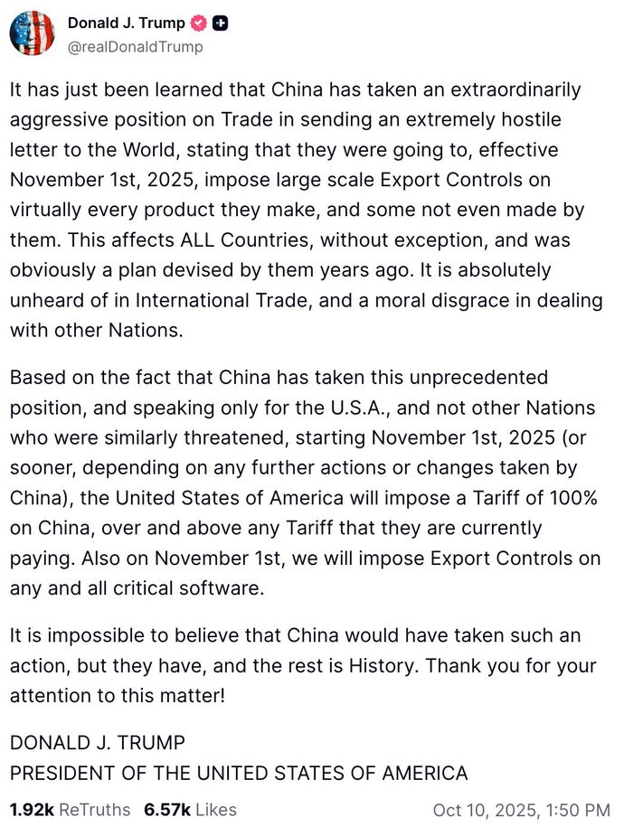 100% tariff on China. WTF? Can SOMEONE take the keys from Grandpa Befuddlepants? Im sure the markets reacted positively! Do you support this?