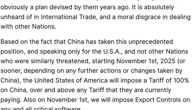 100% tariff on China. WTF? Can SOMEONE take the keys from Grandpa Befuddlepants? I'm sure the markets reacted positively! Do you support this?