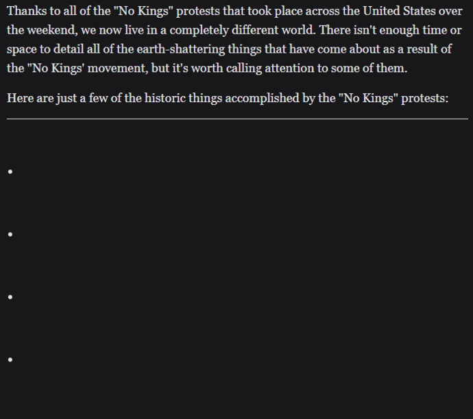 Here Is A List Of All The Things Accomplished By Last Weekends No Kings Protests. Did they miss any?