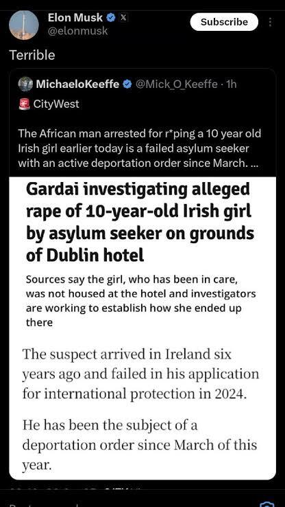 Riots in Ireland after 10 year old Irish girl raped by African outside Migrant Hotel. Should the Irish accept it as his culture &not be racist?