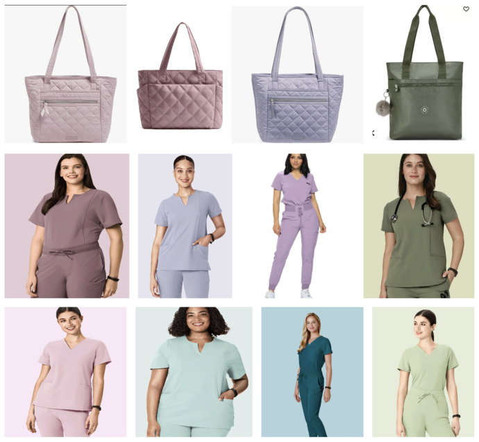 Which handbag color style might look more suiting for my scrubs?