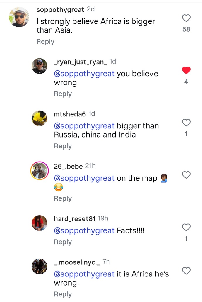 Why are so many black people (mostly African ones) genuinely convinced that Africa is larger than Asia?