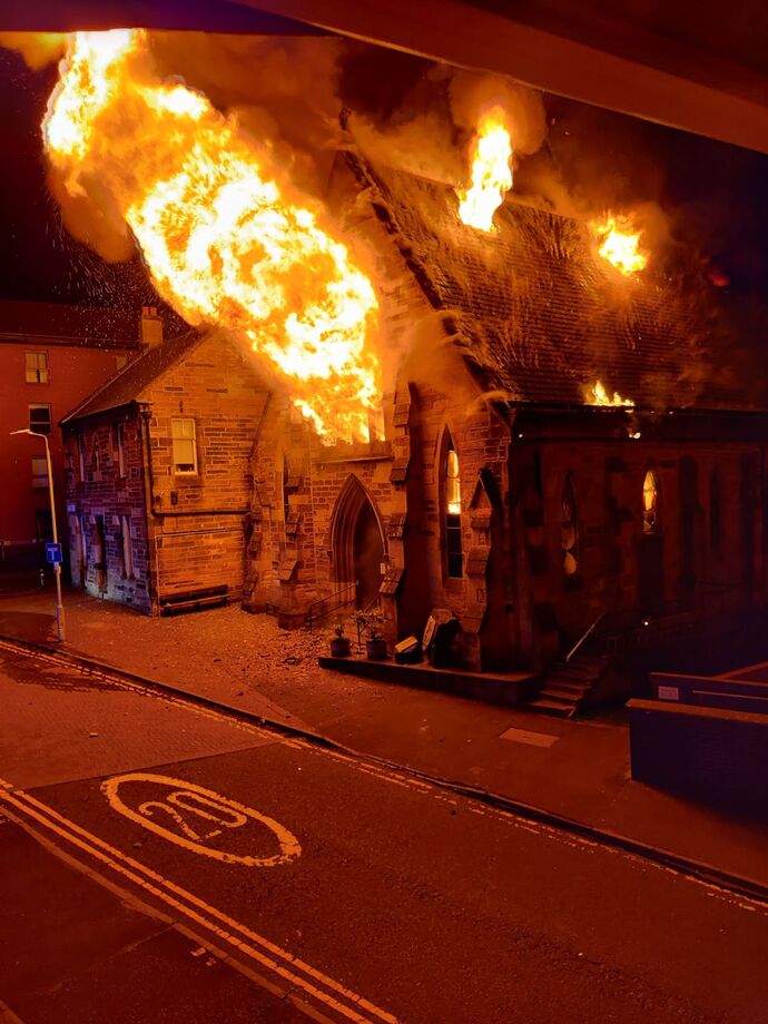 St Simon's church in Partick in flames, July 2021