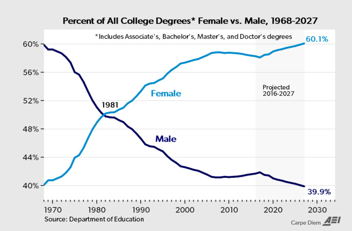Does the chart indicate that for the last 60 years, public schools and colleges have increasingly become a hostile environment for boys and young men?