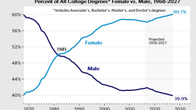 Does the chart indicate that for the last 60 years, public schools and colleges have increasingly become a hostile environment for boys and young men?