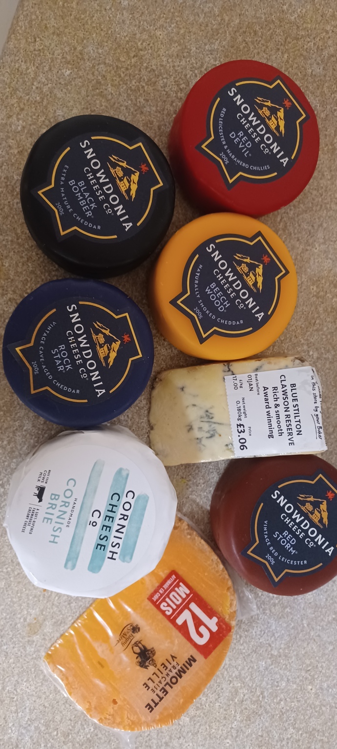 Lots of cheddar, brie, stilton and some french stuff
