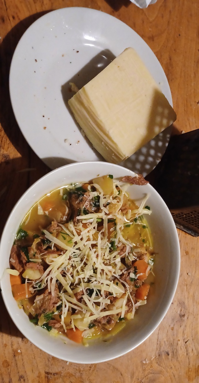 Dinner, cawl and a block of cheese.