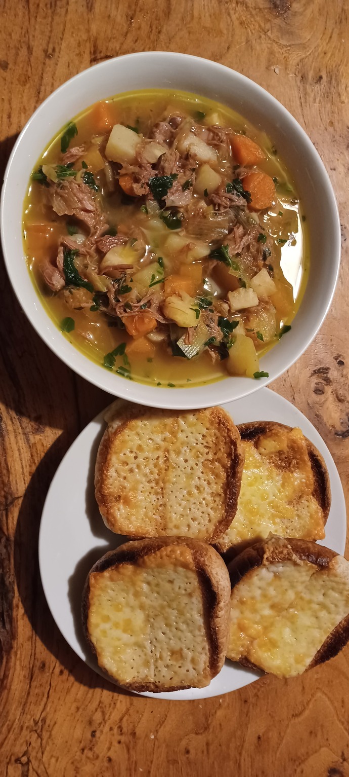 Lunch, cawl with cheese toasties