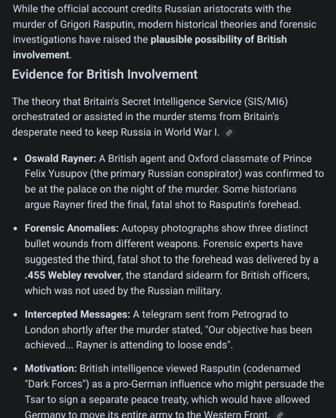 Is it common knowledge that Britain was behind murdering Rasputin to prevent peace?