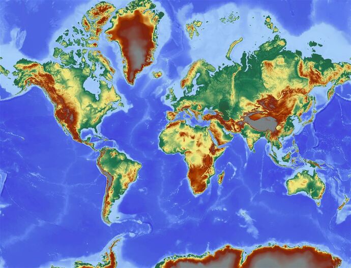 Topographical World Map showing Elevations