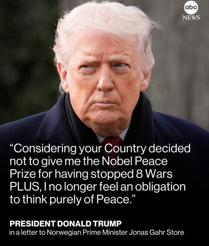 So, Trump has decided to no longer think purely of Peace because he didnt get the Nobel Peace Prize... childish temper tantrum?