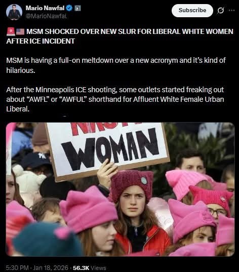 AWFUL acronym for Affluent White Female Urban Liberal being called a slur by AWFUL women. Do you agree?