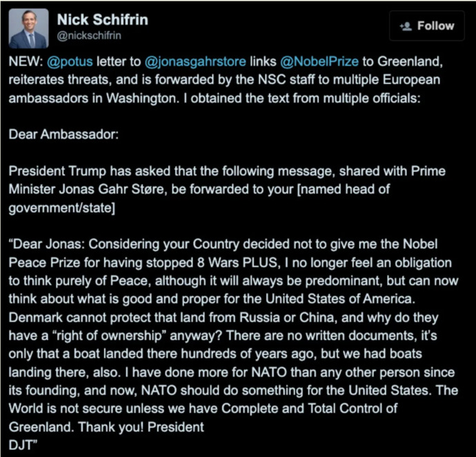 Doesnt this letter from Trump to the Norwegian Prime Minister clearly indicates that he has lost his mind?