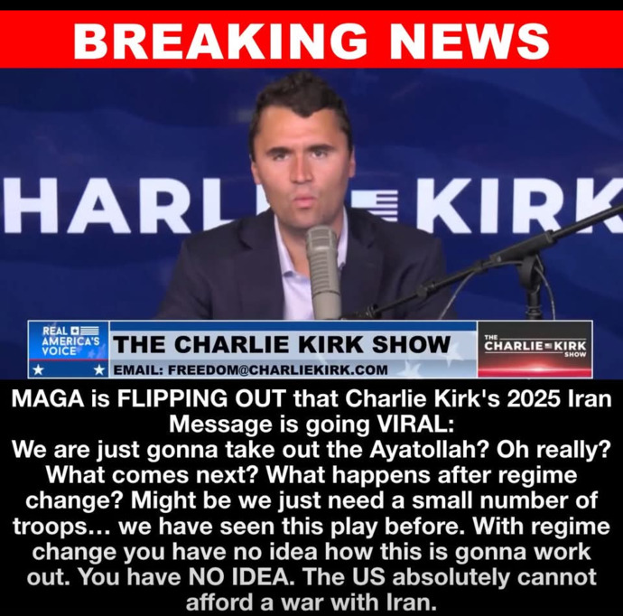Why isnt Trump heeding Charlie Kirks advice regarding Iran?