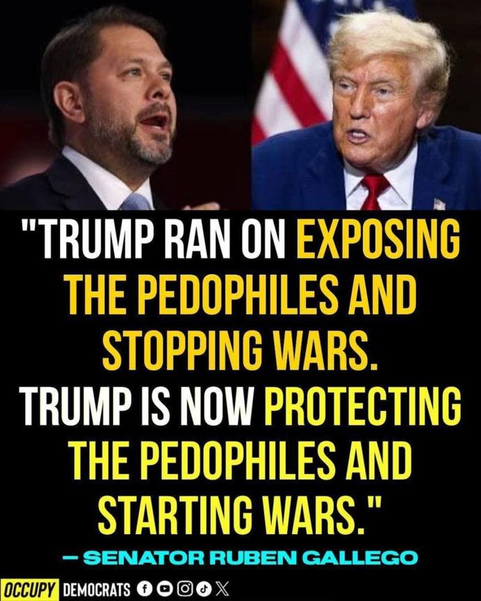 "Trump ran on exposing the pedophiles and stopping wars. Trump is not protecting the pedophiles and starting wars"