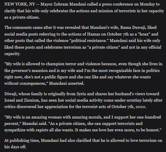 Mamdani Clarifies That His Wife Only Celebrates Terrorism In Her Capacity As A Private Citizen. Do we owe Democrats a thank you for electing this guy?