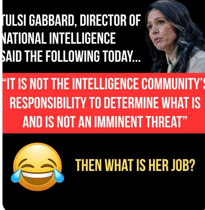 If it is not Tulsi Gabbards job to determine what an imminent threat is to the US, then what is her job?