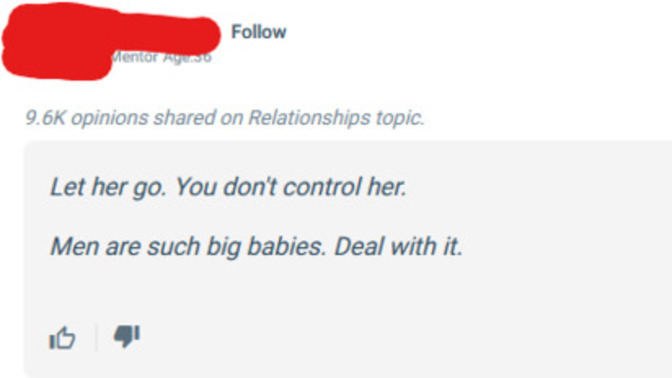 Why do some women on here see men setting boundaries, like no sleeping in other mens bed, as being a baby and controlling?