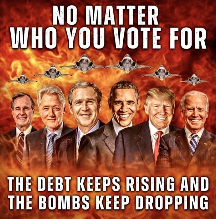 Would you believe me if I told you, no matter who you vote for, the debt keeps rising and the bombs keep dropping?