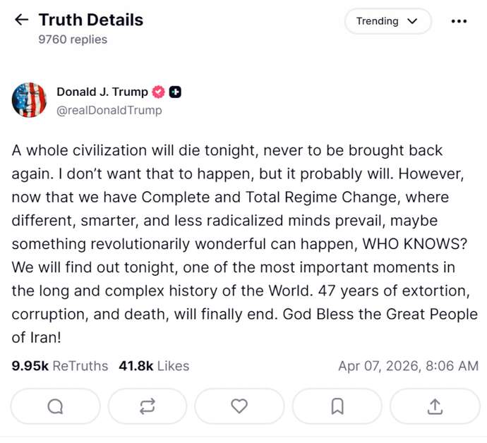 Iran's Civilization still exists. Are you happy Trump's threat became just another Taco Tuesday?