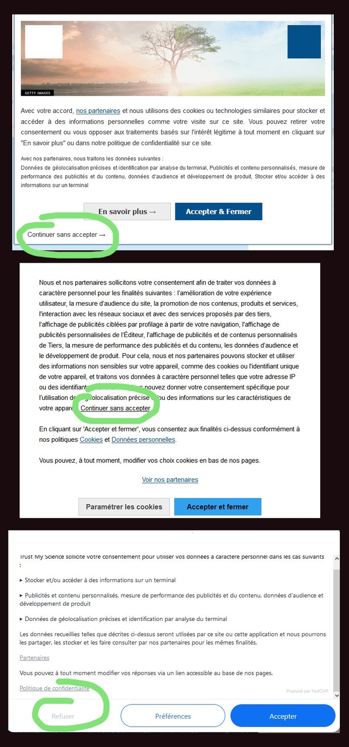 Are you skilled enough to find the "do not accept cookies" control for each of these 3 pop-up windows? And can you do it in less than 10 seconds?