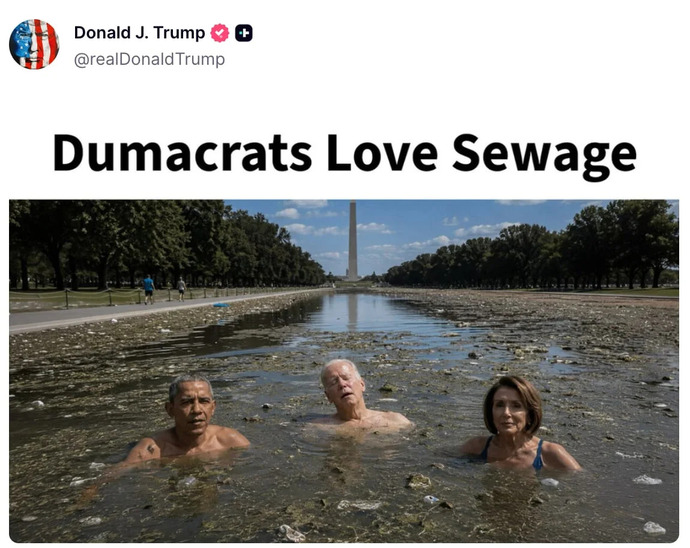 Why did Donald Trump post an AI picture of Barack Obama, Joe Biden and Nancy Pelosi swimming in feces?