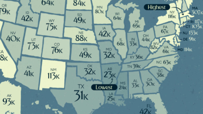 On this US map, what do the numbers on each state actually represent?