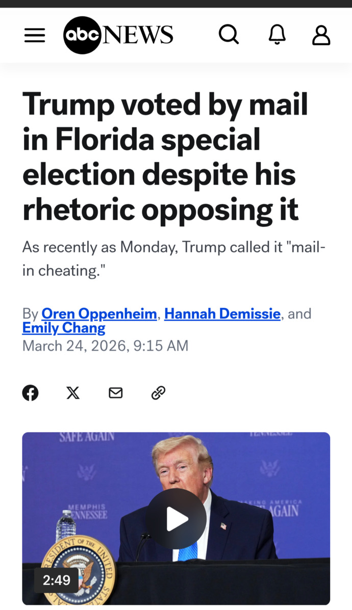 If Trump says mail-in voting is cheating, why does he do it himself?