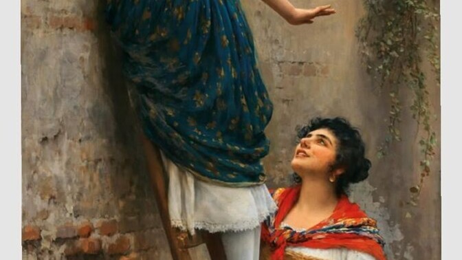 What do you imagine is intriguing the two girls on the stairs?