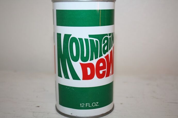 Mountain Dew can circa 1974. Notice no metric "355 ml".