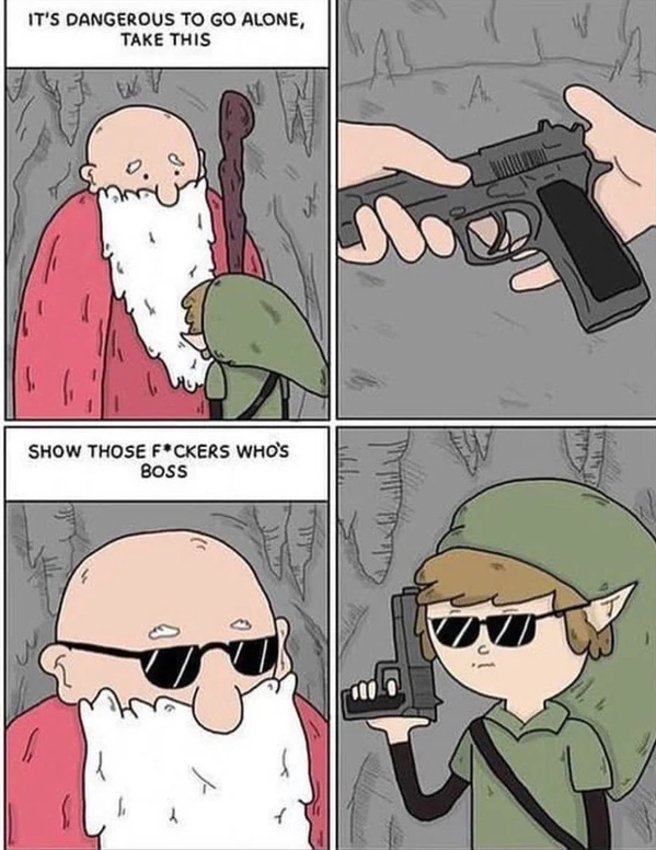 A random old man hands you a wooden sword and says its dangerous to go alone! take this. what do you do?