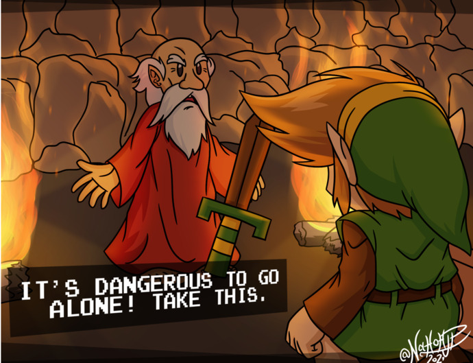 A random old man hands you a wooden sword and says its dangerous to go alone! take this. what do you do?