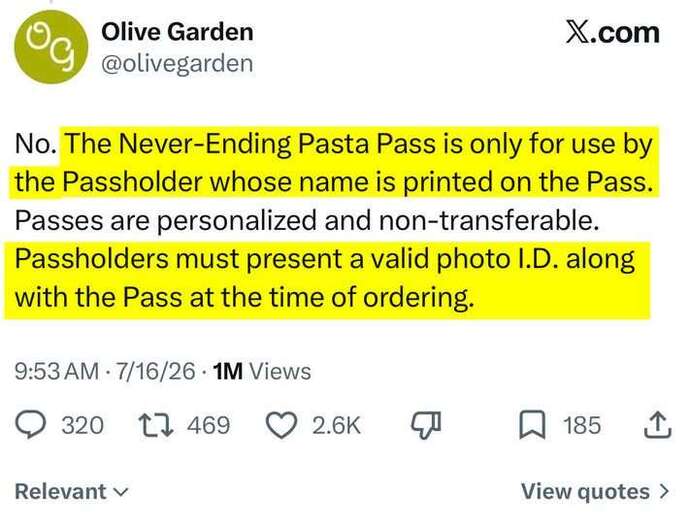 So now the Democrats have brought the country to a place where you need photo ID to order Pasta but not to vote?