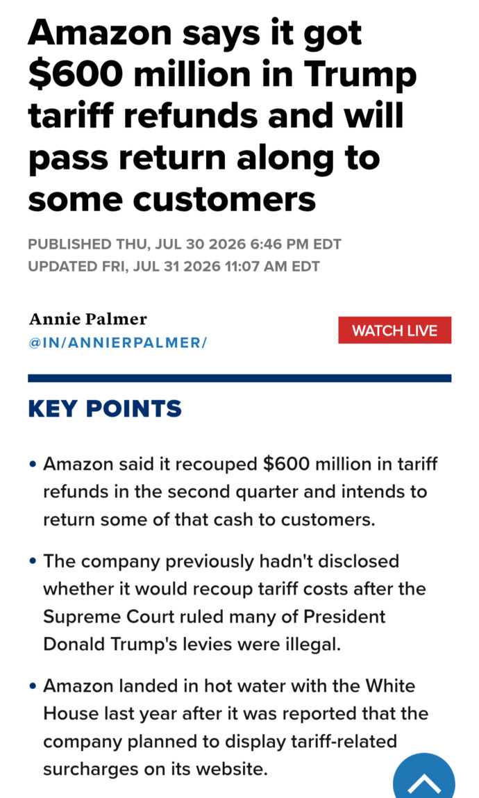 Isnt it gratifying to see refunds for Trumps illegal tariffs starting to go back to American consumers who got screwed by them?