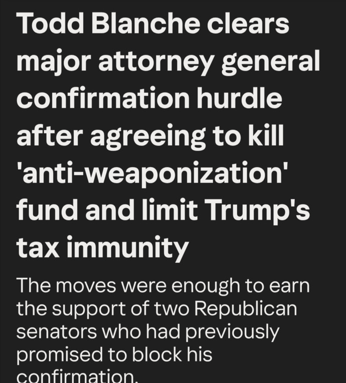 Did Todd Blanche lie about not moving forward with Trumps slush fund and limiting Trumps tax immunity or will the blatant corruption continue?
