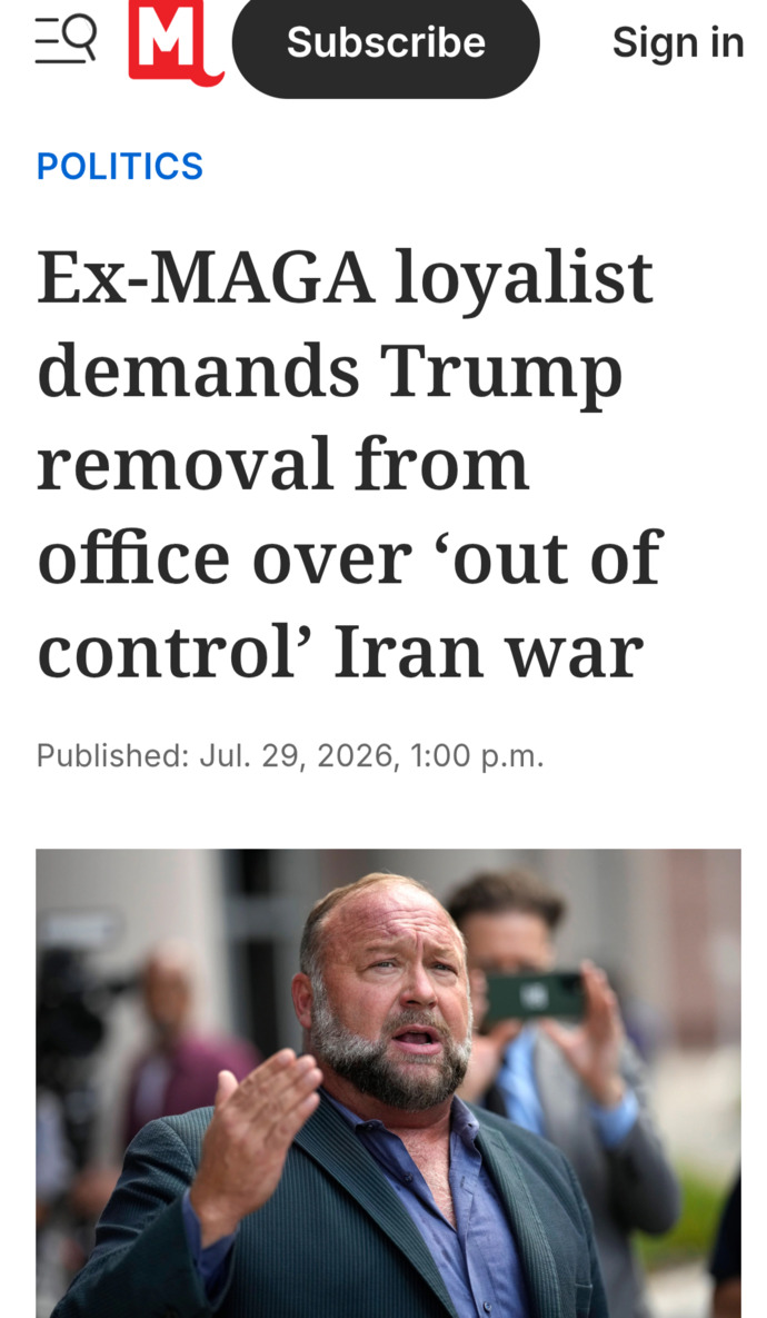 Do you agree with ex-MAGA Alex Jones that Trump should be removed from office over the Iran war?