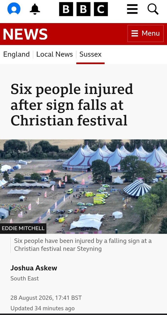 Is it a sign from God if a sign falls on people at a Christian festival?