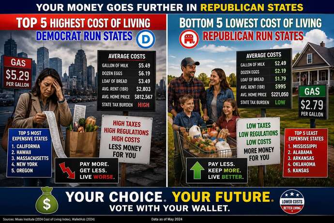 4 of 5 HIGHEST cost of living states are run by Democrats. All 5 LOWEST cost of living states are run by Republicans. Which creates Affordability?
