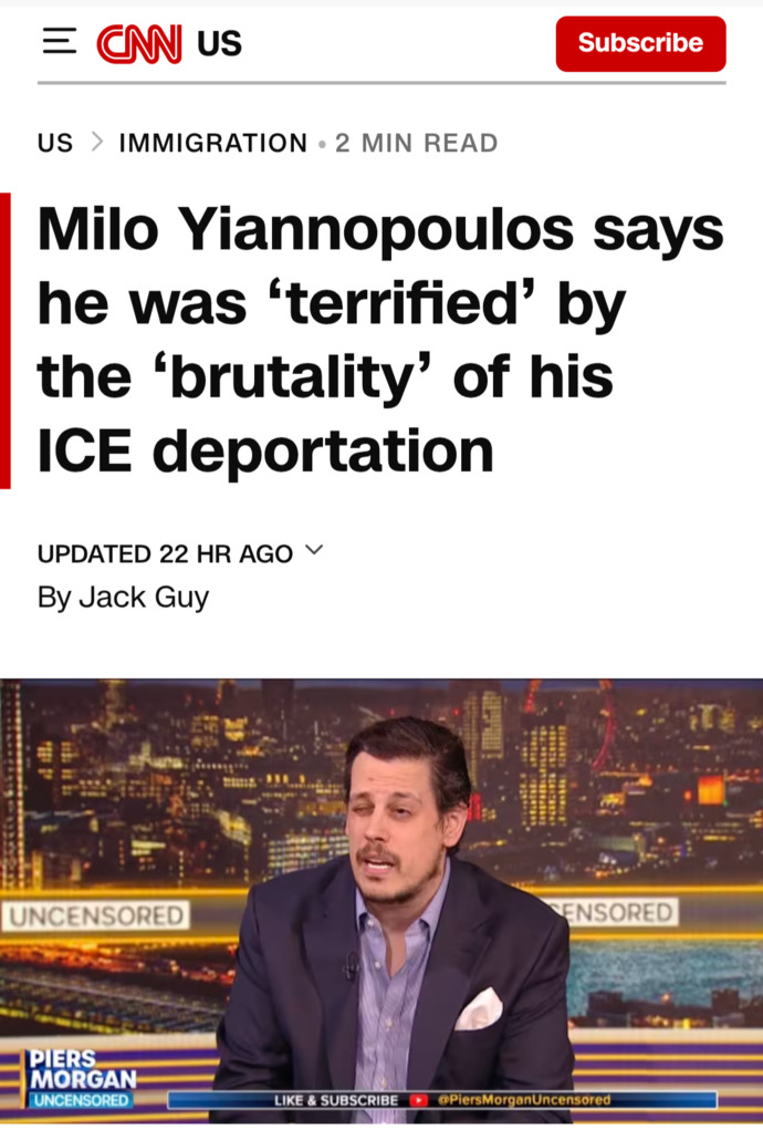 Are you surprised that right-wing, pro-Trump immigration policy devotee Milo Yiannopoulos has a change of heart after being detained by ICE himself?