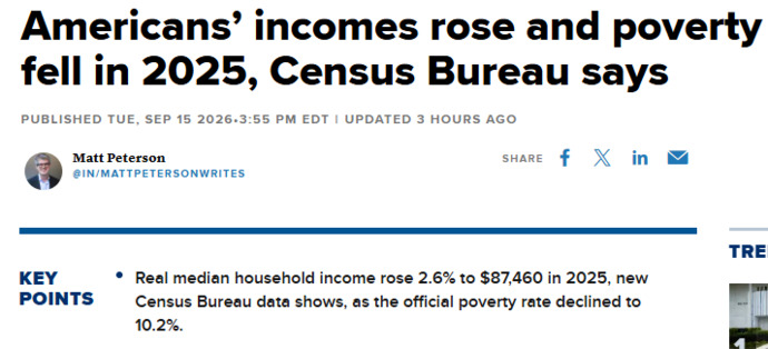 Real (after inflation) income is *RISING*. Why is the media pushing doom and gloom about the Trump economy when the facts say just the opposite?