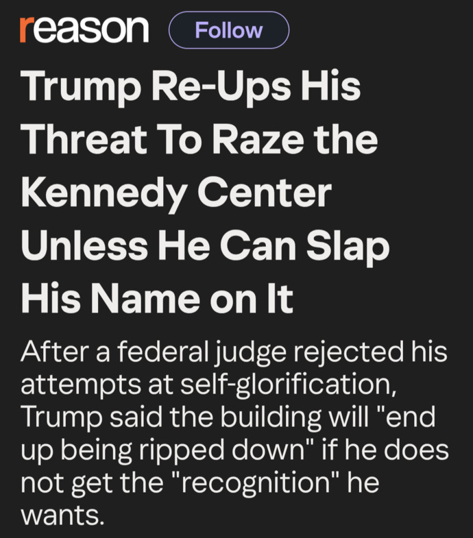 Isnt Trump’s tantrum and threat to raze the Kennedy Center, over his name being removed, a clear sign of Narcissistic Personality Disorder (NPD)?